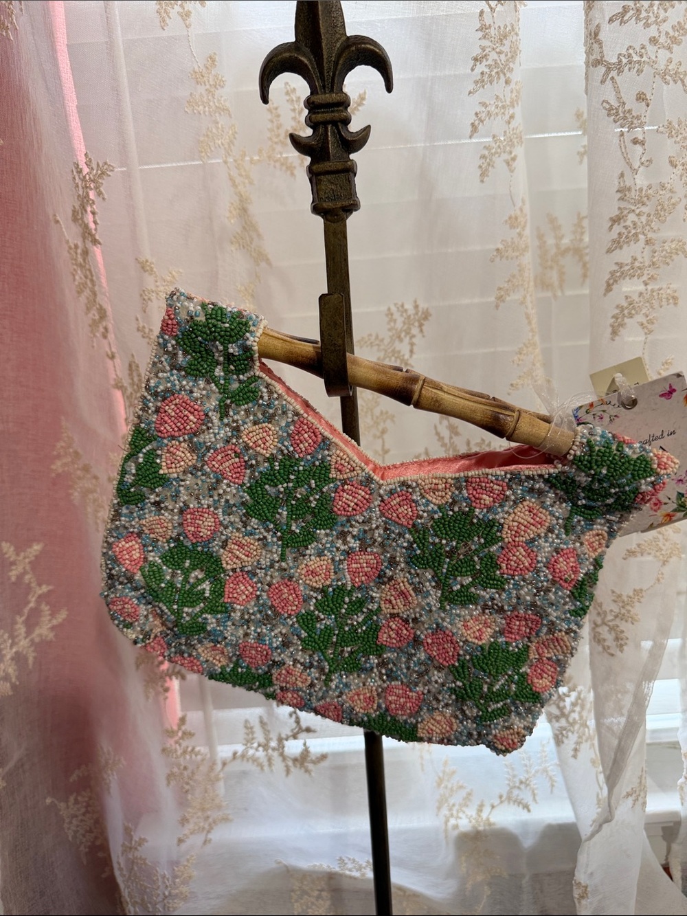 Made in India beaded floral flower blooms clutch with wooden handles